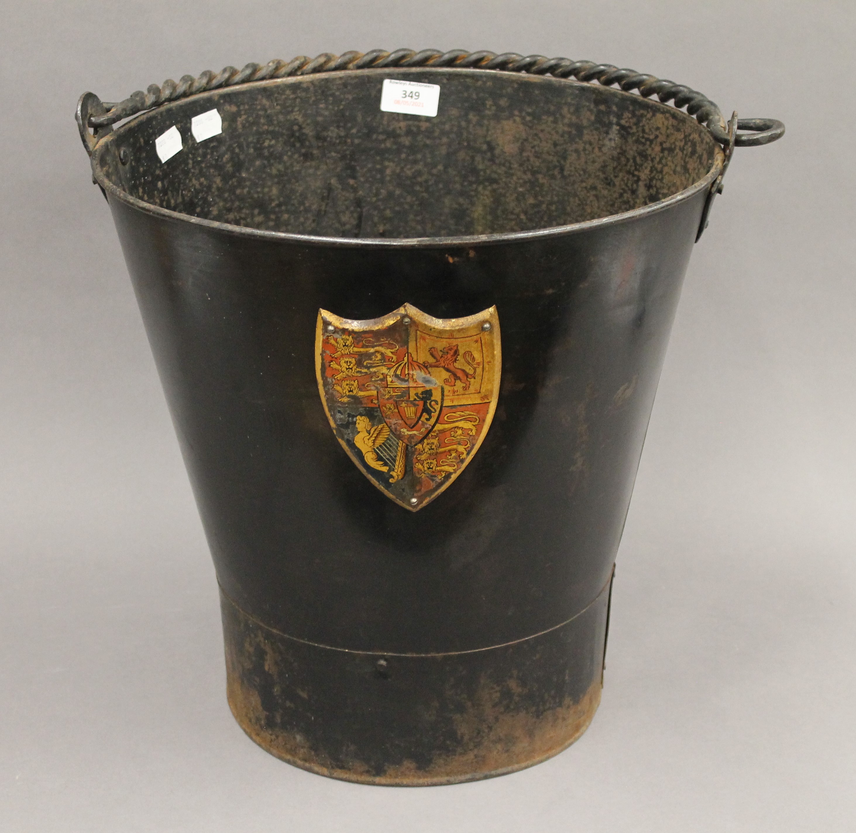 A county house toleware bucket with applied coat of arms. 40 cm high.