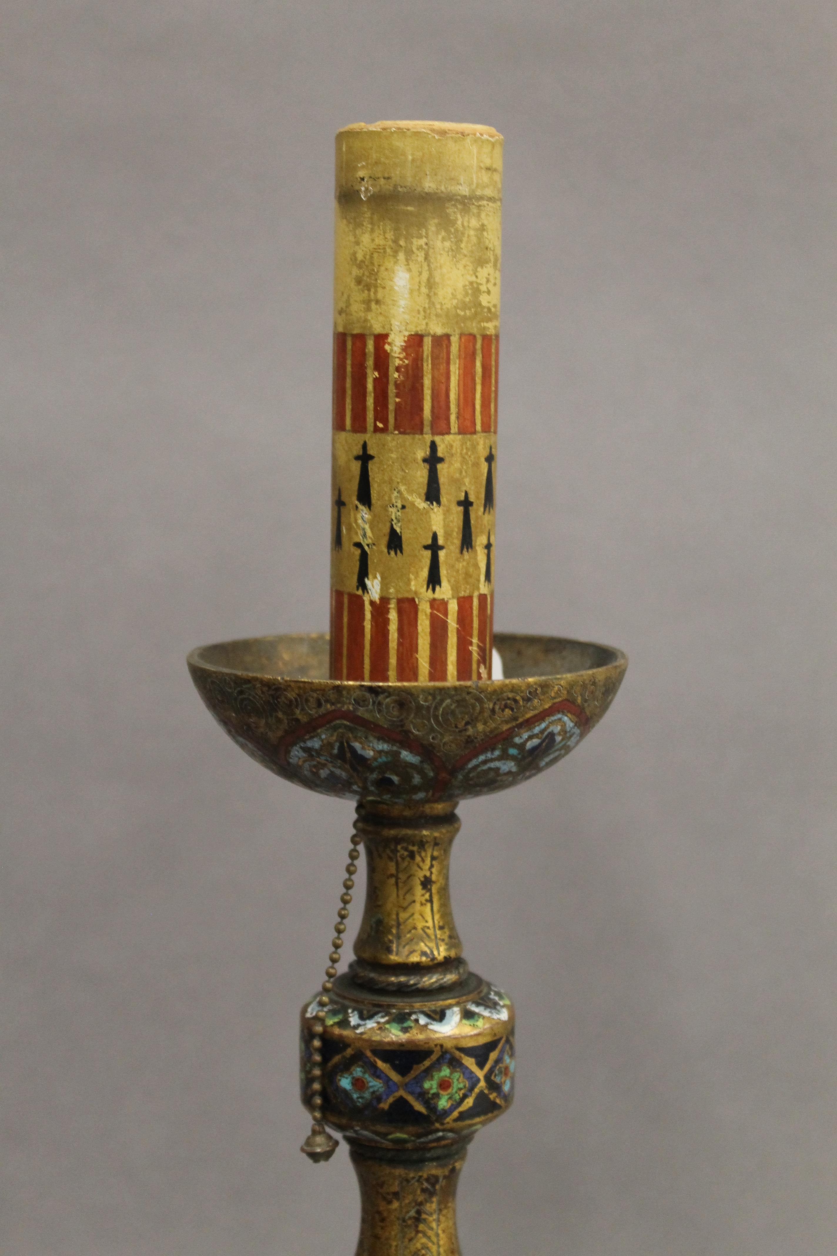 An enamel decorated bronze candlestick. 40.5 cm high overall. - Image 2 of 3