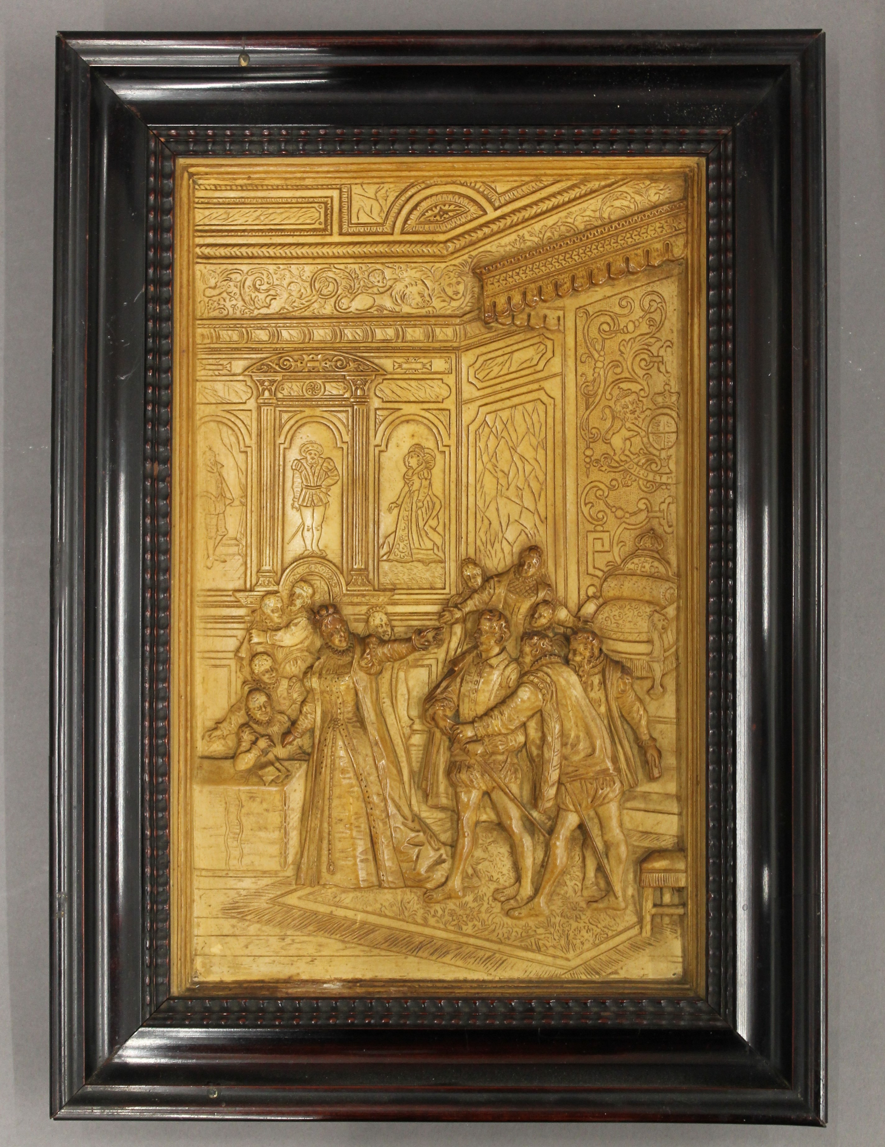 A pair of framed plaques depicting Royal Court scenes. 25.5 x 36.5 cm overall. - Image 3 of 6