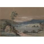 19TH CENTURY SCHOOL, Figures Before a Lake in a Mountainous Landscape, watercolour,
