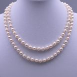 A set of cultured opera length pearls with a gold clasp decorated with diamonds and pearls