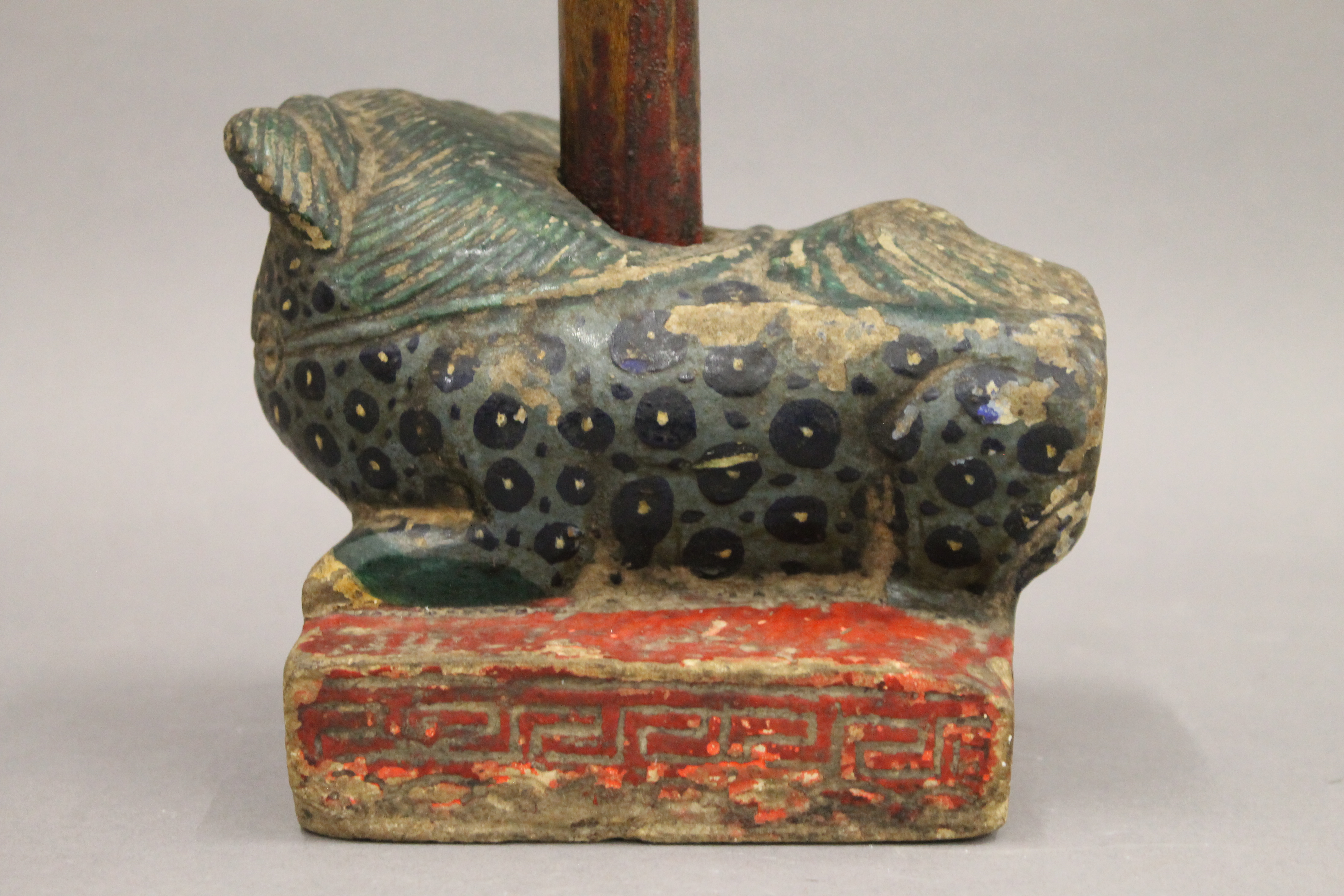 A 19th century Chinese painted carved stone dog-of-fo form incense holder. 15 cm long. - Image 4 of 5