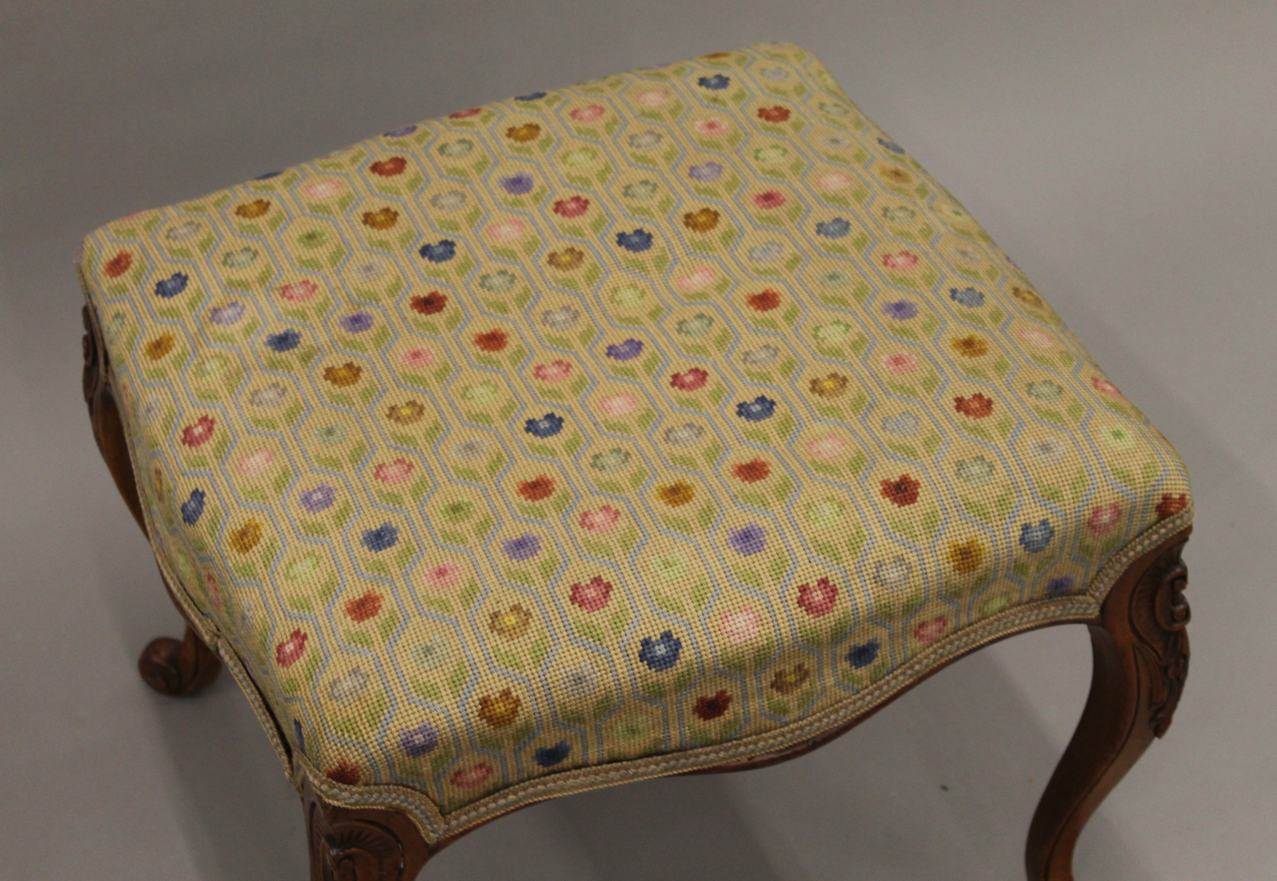 A Victorian tapestry upholstered walnut stool. 52.5 cm wide. - Image 4 of 5