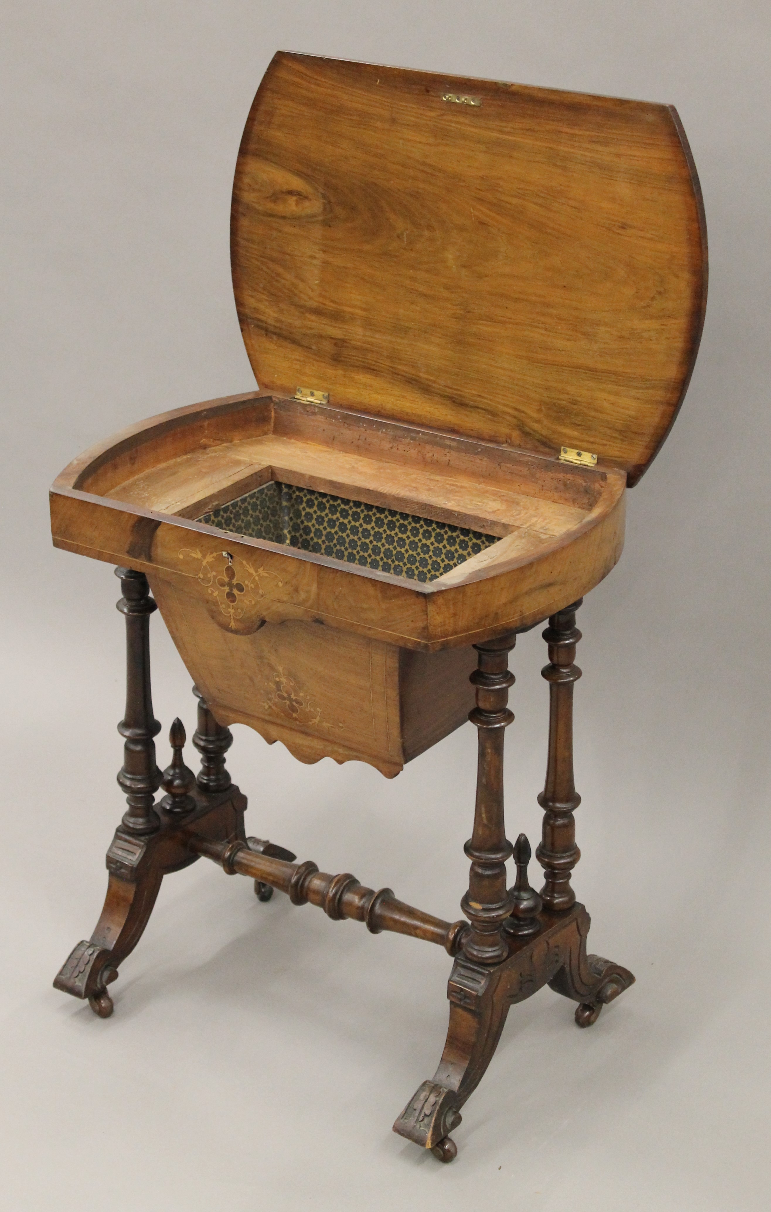 A Victorian inlaid burr walnut work table. - Image 4 of 6