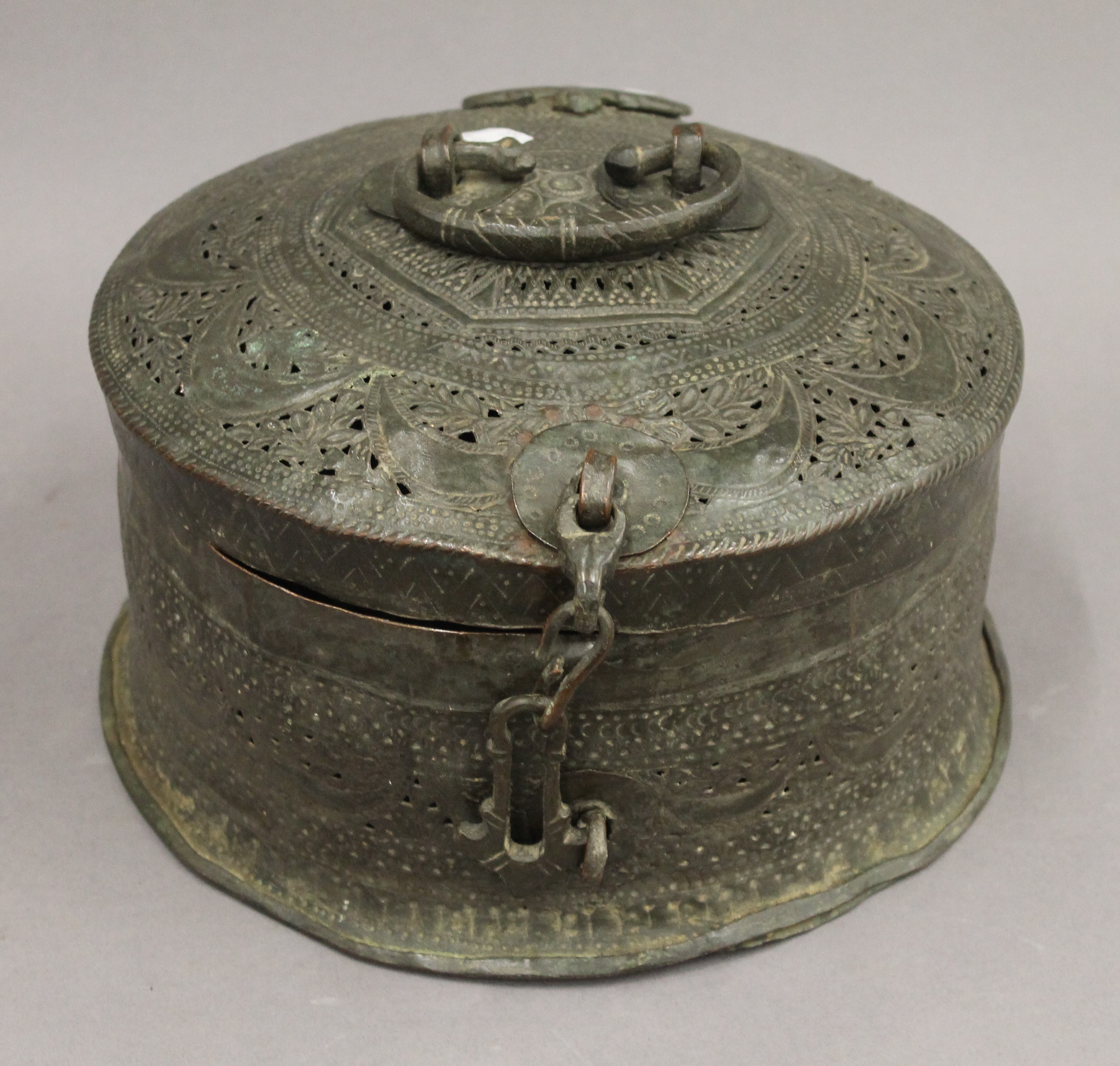 An Indian bronze lidded food box. 28.5 cm diameter.
