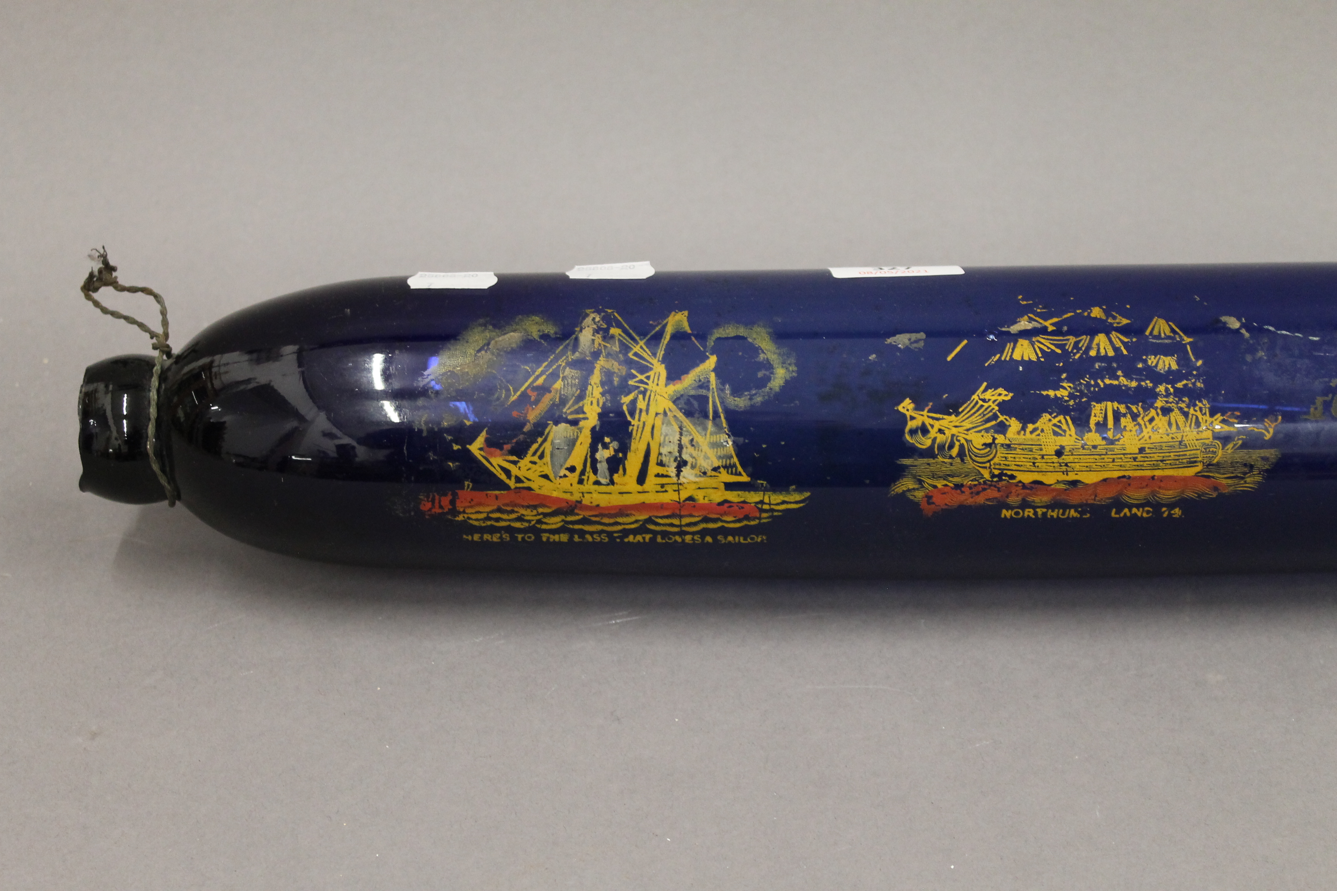 A large Victorian blue glass rolling pin, painted with various ships and verses. 77 cm long. - Image 2 of 4