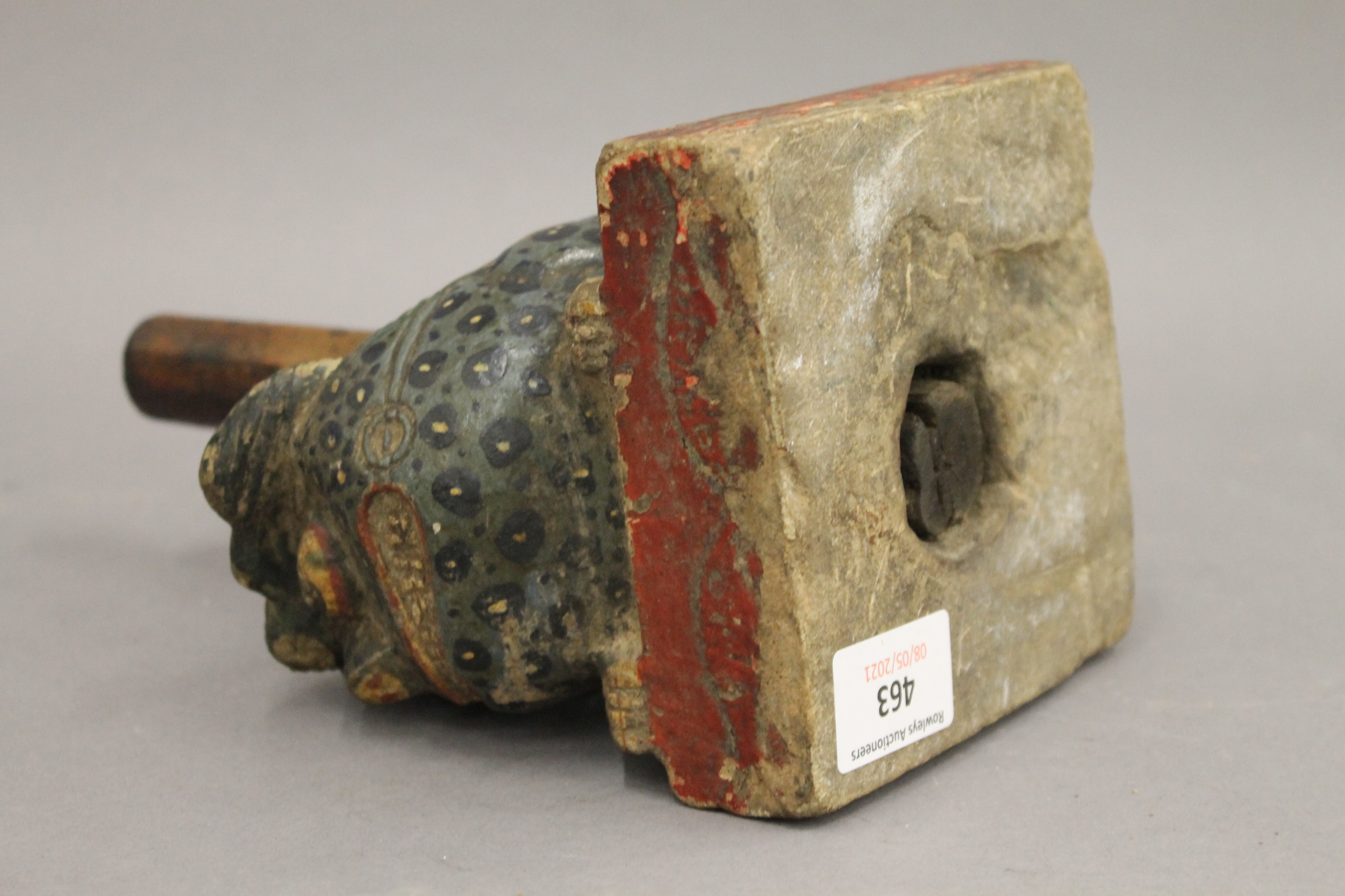 A 19th century Chinese painted carved stone dog-of-fo form incense holder. 15 cm long. - Image 5 of 5