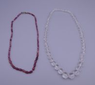A single row of faceted rock crystal beads and a string of faceted rubellite beads.