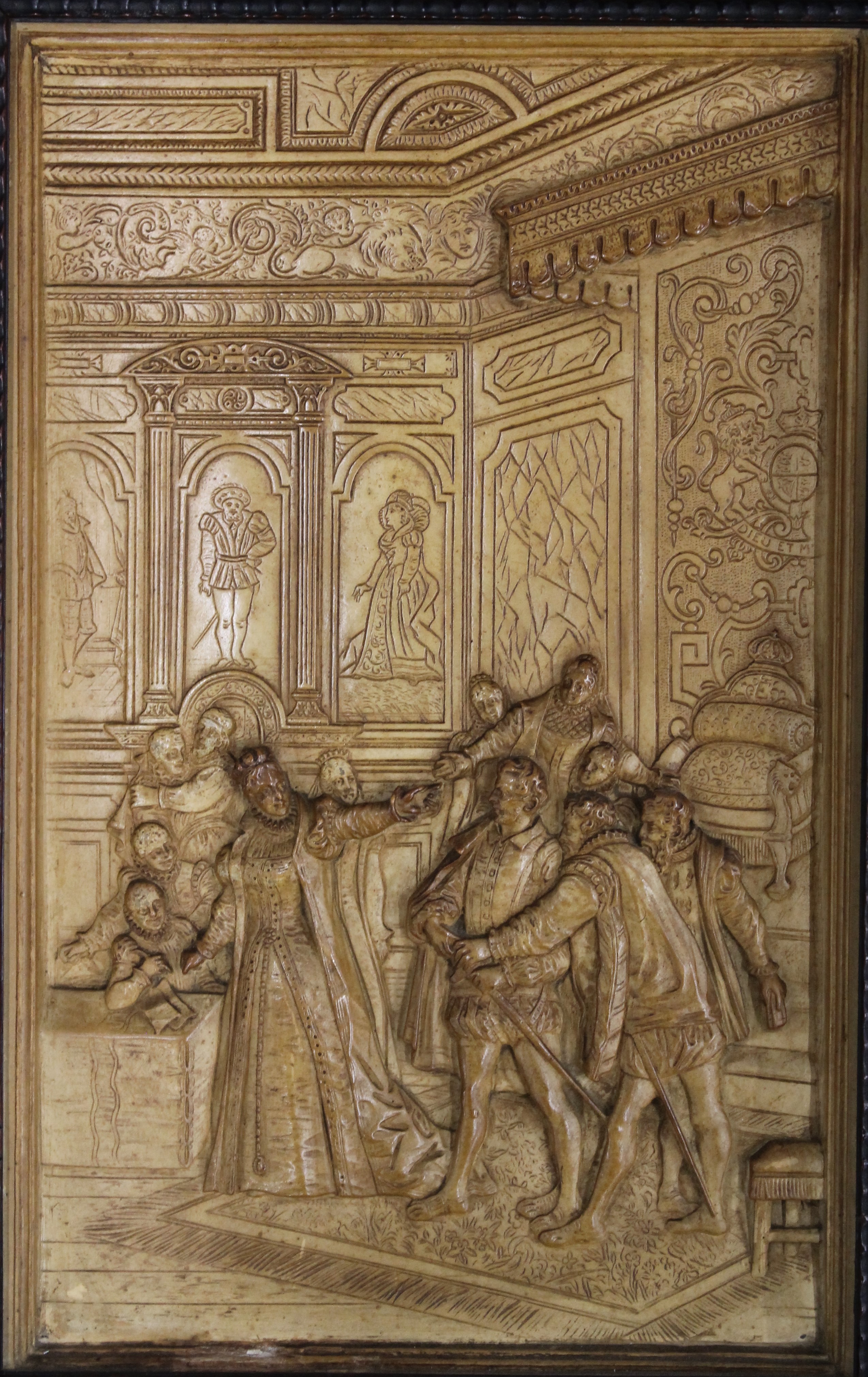 A pair of framed plaques depicting Royal Court scenes. 25.5 x 36.5 cm overall. - Image 2 of 6