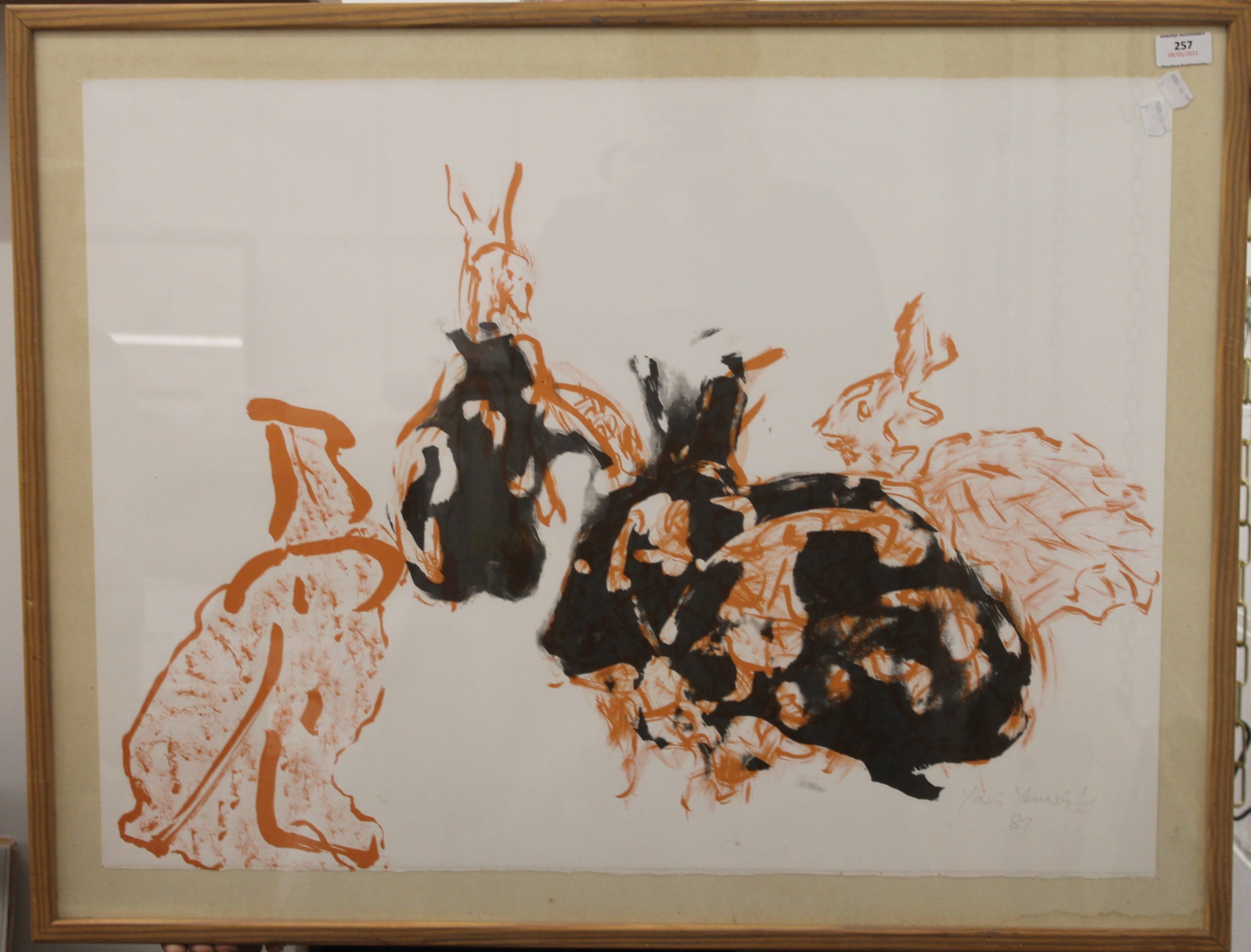 YING YEUNG LI, Hares, print on paper, signed in pencil and dated 87, frame and glazed, 77 x 56. - Image 2 of 5