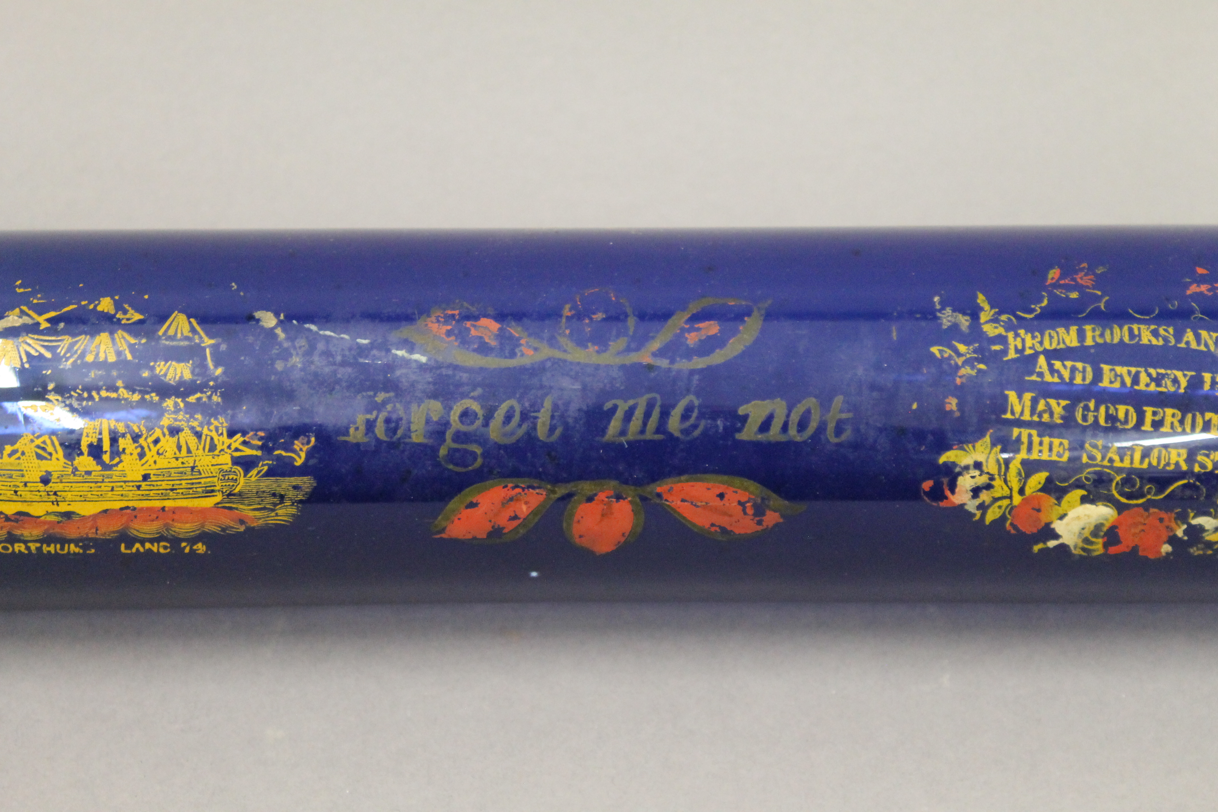 A large Victorian blue glass rolling pin, painted with various ships and verses. 77 cm long. - Image 3 of 4