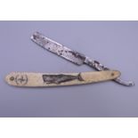 A cut throat razor with scrimshaw decoration. 16 cm long closed.