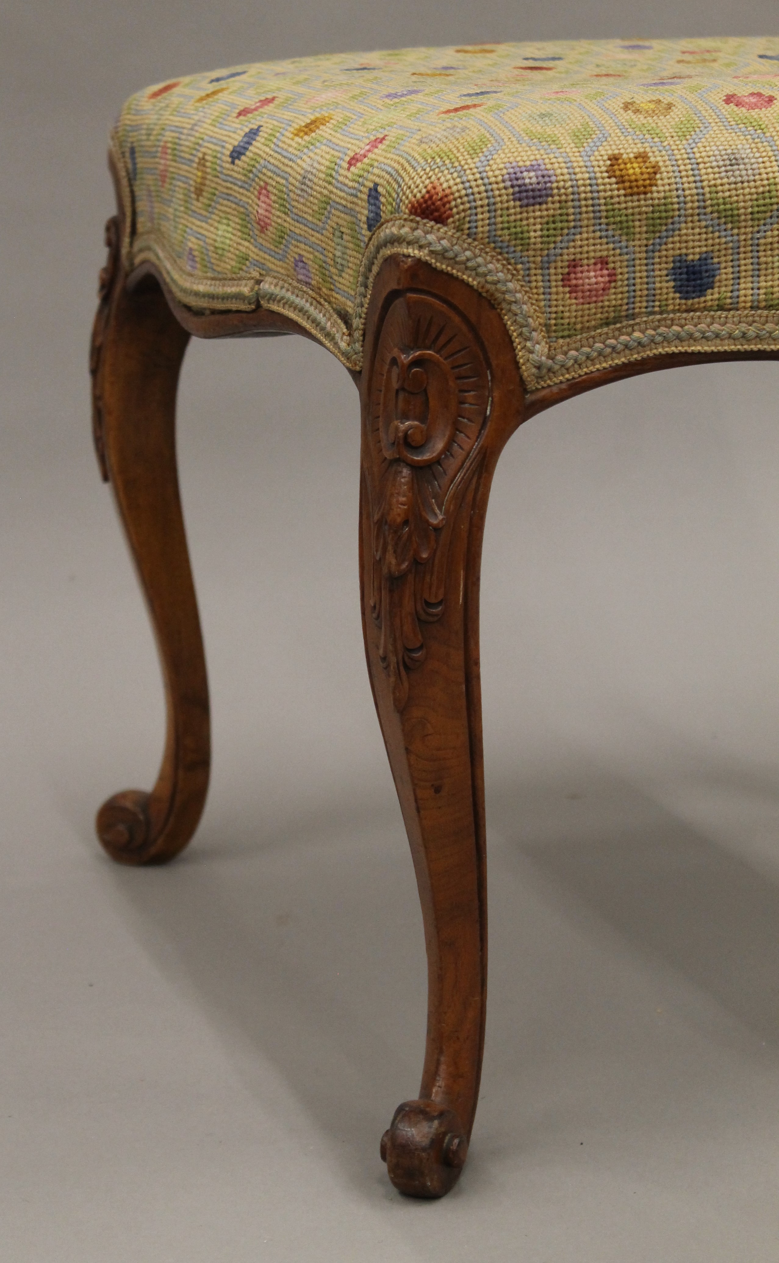 A Victorian tapestry upholstered walnut stool. 52.5 cm wide. - Image 5 of 5
