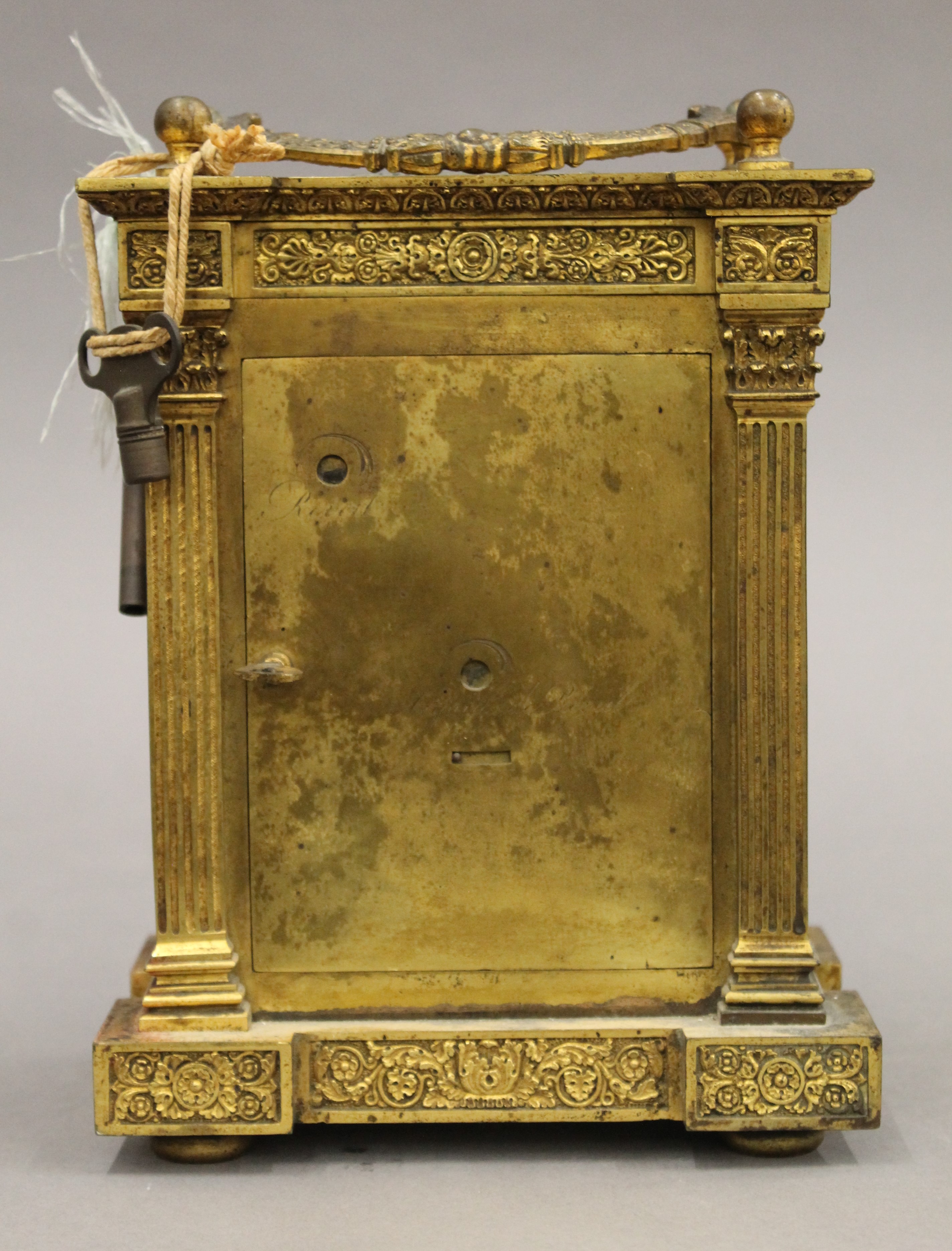 A 19th century French brass cased mantle clock. 24 cm high. - Image 6 of 9