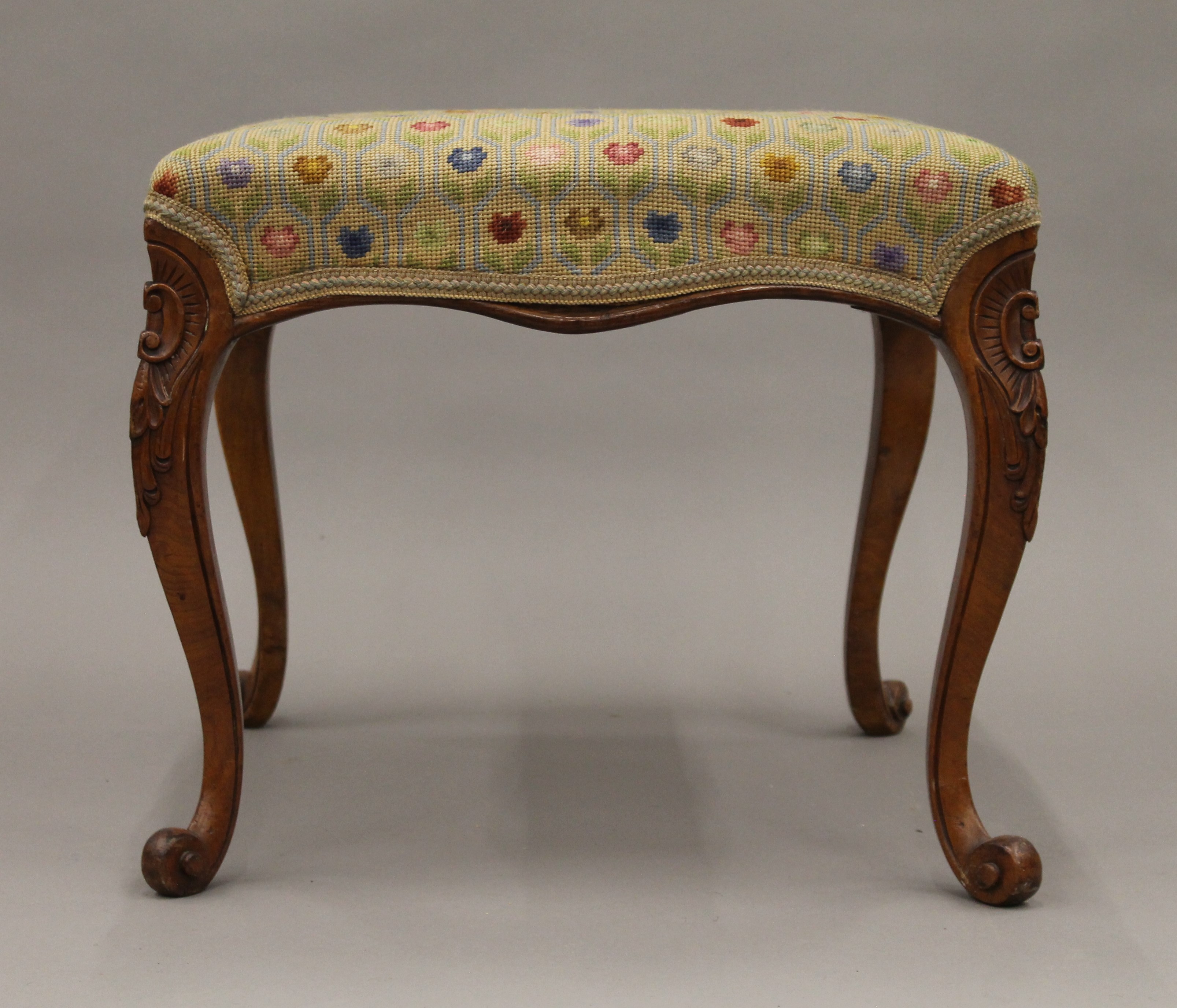 A Victorian tapestry upholstered walnut stool. 52.5 cm wide. - Image 3 of 5