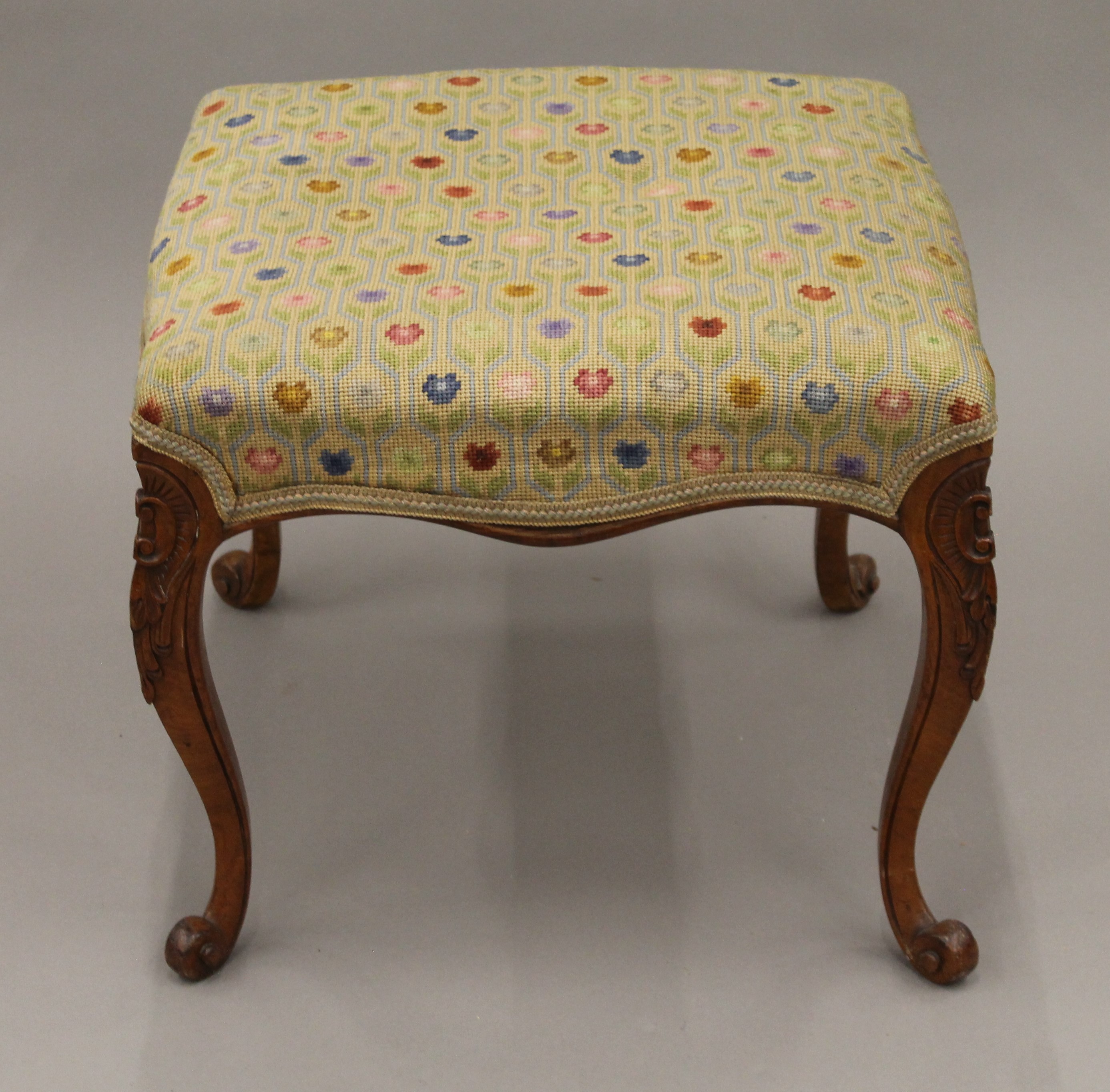 A Victorian tapestry upholstered walnut stool. 52.5 cm wide. - Image 2 of 5