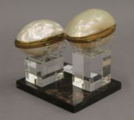 Two small shell boxes on a display base.