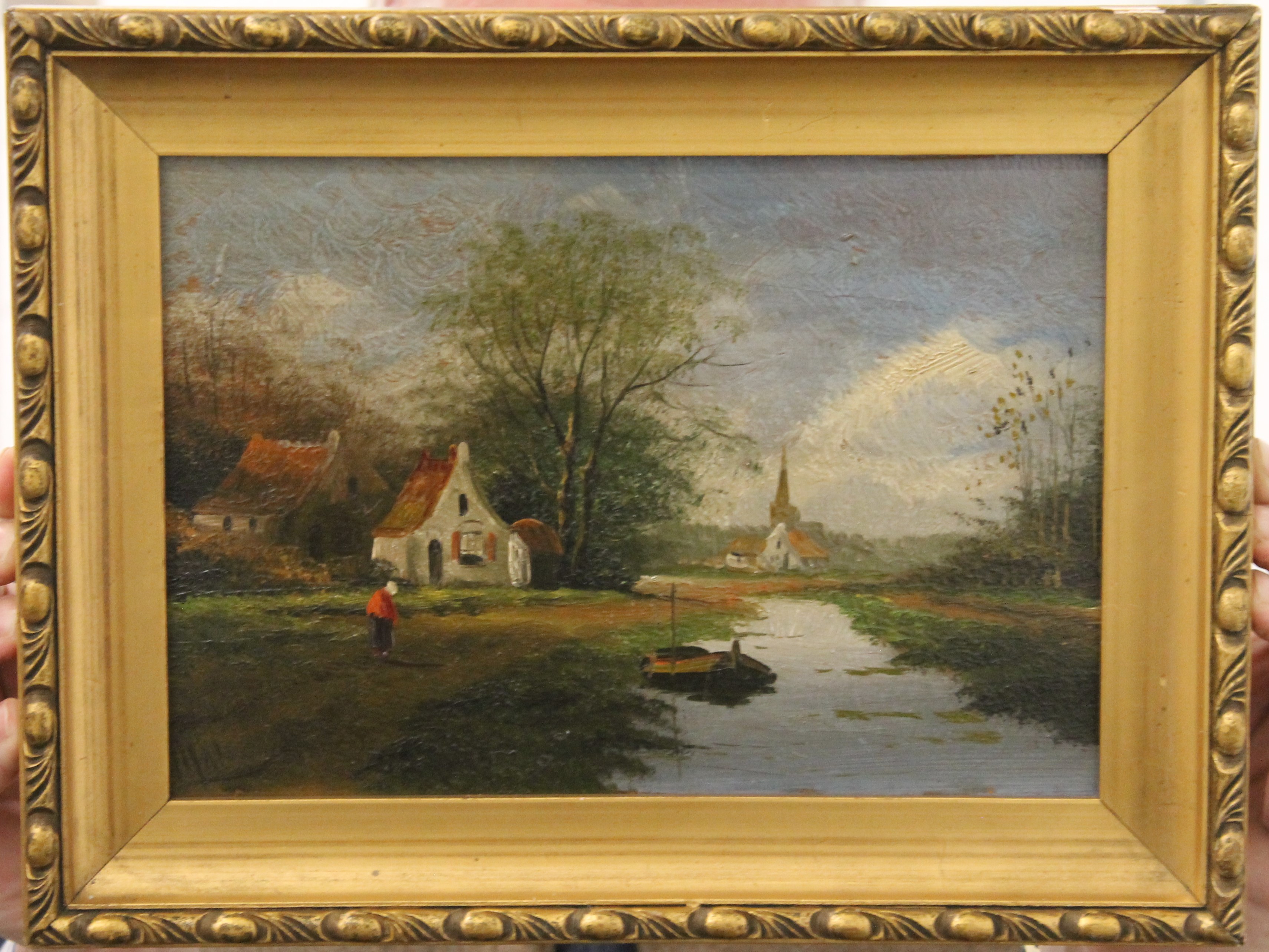 Dutch Canal Scene, oil on board, indistinctly signed, framed. 24 x 17 cm. - Image 2 of 4