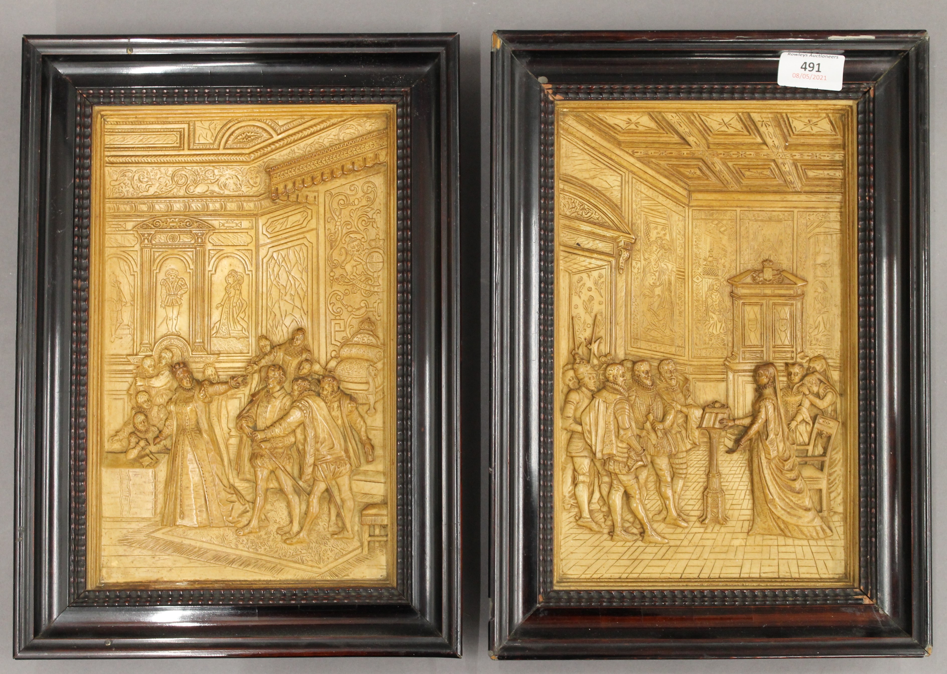 A pair of framed plaques depicting Royal Court scenes. 25.5 x 36.5 cm overall.