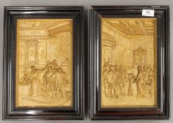 A pair of framed plaques depicting Royal Court scenes. 25.5 x 36.5 cm overall.