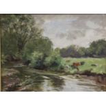 Cows by a River, oil on canvas, indistinctly signed, framed. 25 x 10 cm.