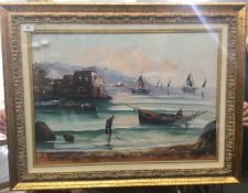 Fishing Scene, oil on canvas, indistinctly signed, framed and glazed. 69 x 49 cm.