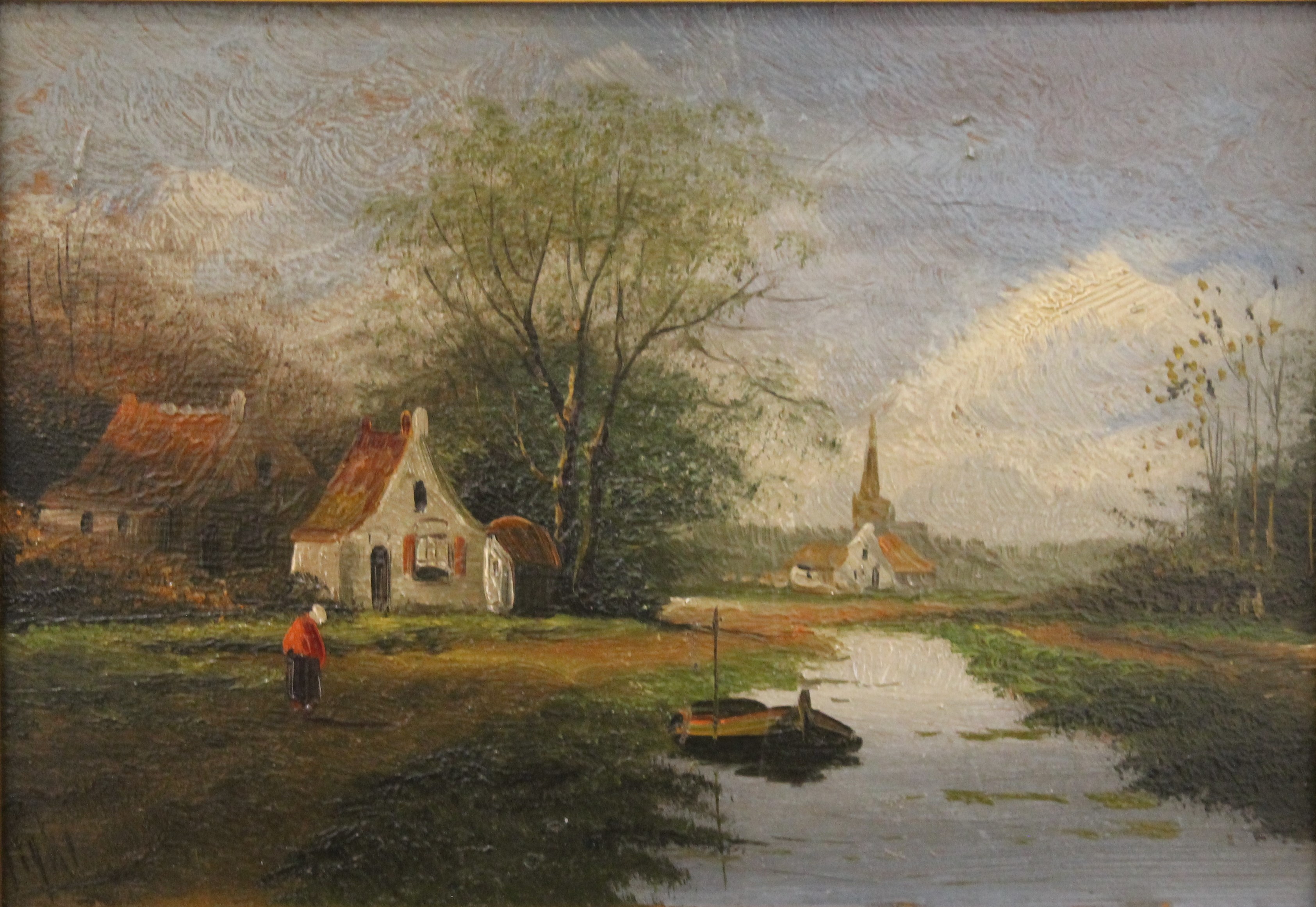 Dutch Canal Scene, oil on board, indistinctly signed, framed. 24 x 17 cm.