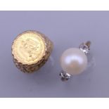 A 9 ct gold coin set ring (5.6 grammes total weight) and a silver dress ring.