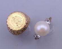 A 9 ct gold coin set ring (5.6 grammes total weight) and a silver dress ring.