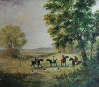 NAIVE SCHOOL, Hunting Scene, oil on board, unsigned, framed. 39 x 36 cm.