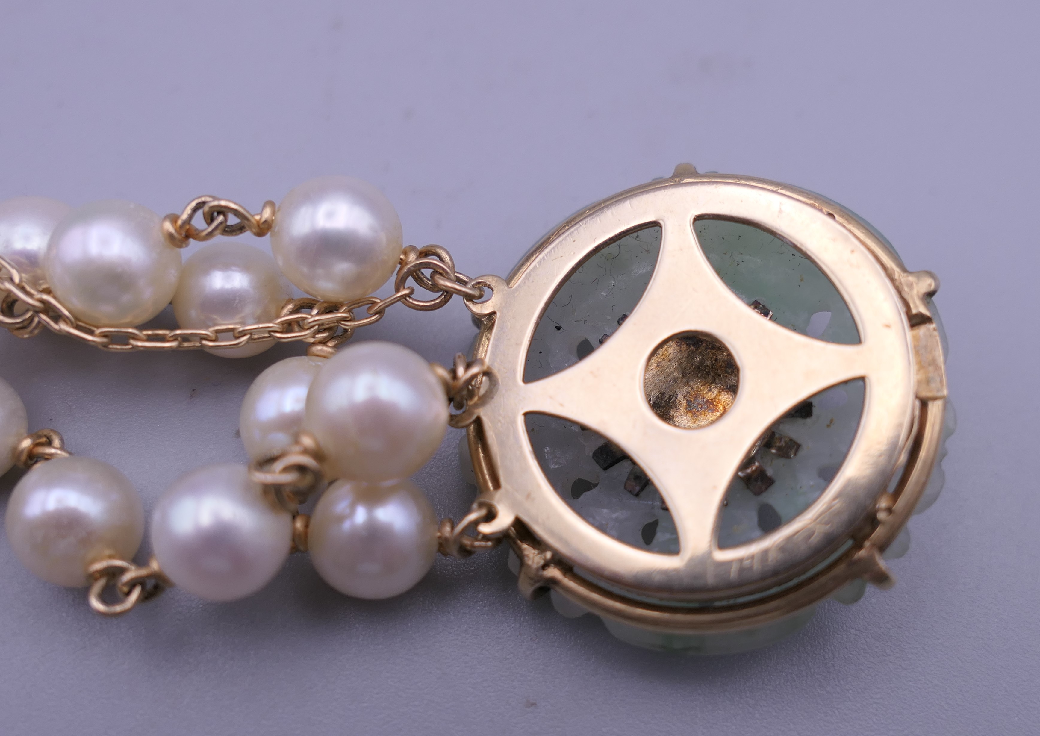 A 14 ct gold jade and pearl bracelet. 19 cm long. - Image 6 of 7