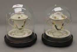 Two Victorian glass domes containing two Wedgwood bisque lidded cups and saucers.