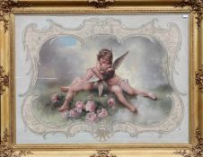 M LEWELLYN, Embracing Cherubs, watercolour on canvas, signed and dated 1908, framed and glazed.
