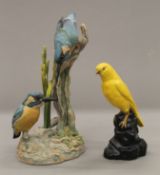 A savoy china model of a bird and a resin kingfisher group. The former 15 cm high.