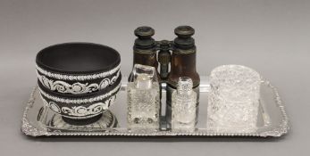 Two silver mounted scent bottles, a plated tray, two Wedgwood bowls,