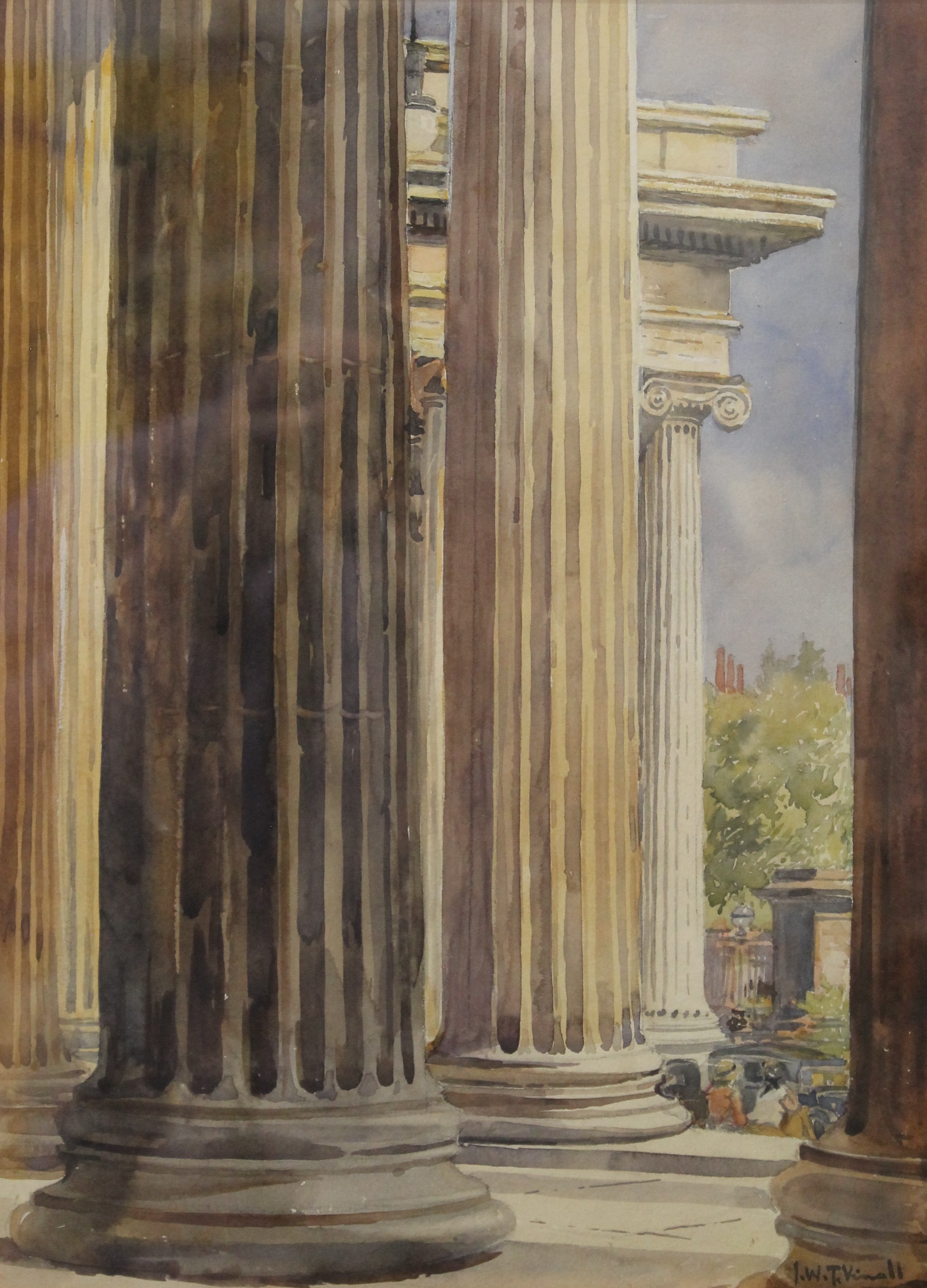 J W T VITALLI, Portico of British Museum, watercolour, signed, framed and glazed. 25 x 34 cm.