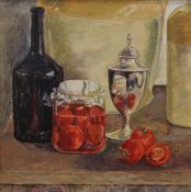 MURIEL MALLOWS, Still Life with Preserves, oil on canvas, unsigned, with old label to reverse,