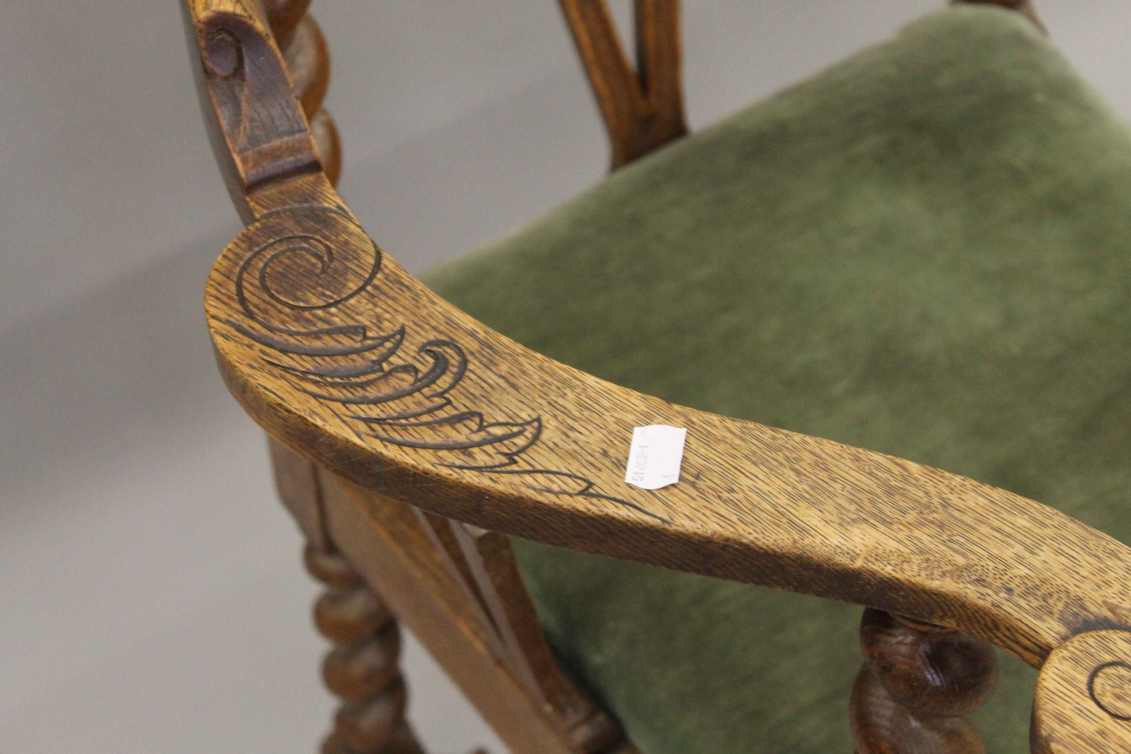 A Victorian oak barley twist corner chair. 73 cm wide. - Image 2 of 6