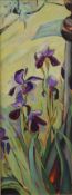 RACHEL THOMAS, Irises, oil on canvas, framed. 29 x 79 cm.