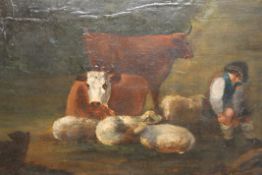 19TH CENTURY SCHOOL, Shepherd with Sheep and Cattle a Forest Clearing, oil, framed and glazed. 49.