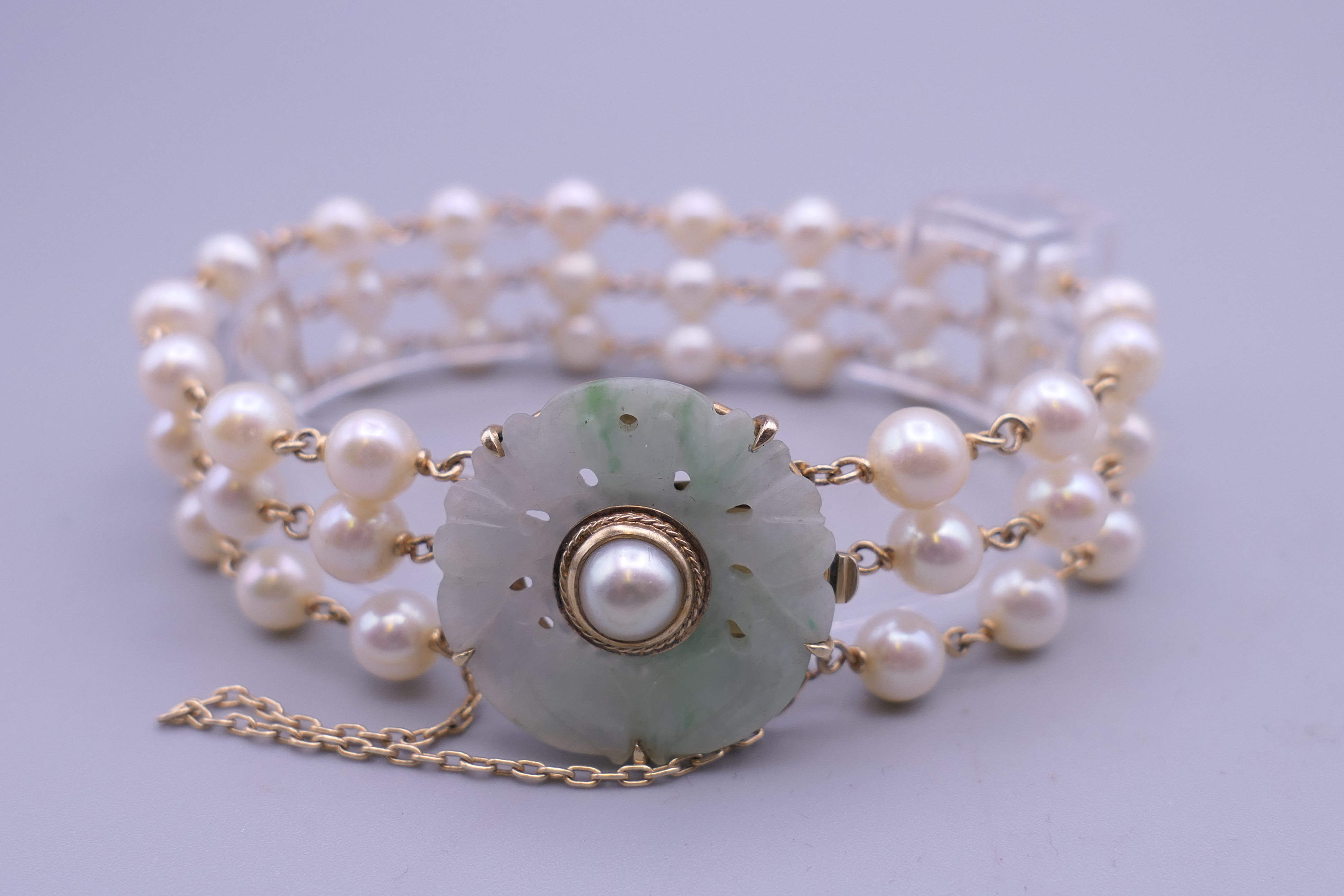 A 14 ct gold jade and pearl bracelet. 19 cm long. - Image 7 of 7