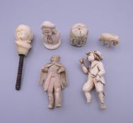 A quantity of 19th/early 20th century ivory and bone carvings. The largest 6 cm high.