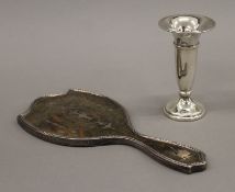 A silver bud vase and a tortoiseshell mounted silver hand mirror. The former 12.5 cm high.