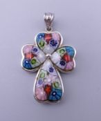 A 925 sterling silver millefiori pendant cross. 3.5 cm high.