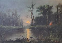 Country Stream at Sunset, oil on canvas, signed J HARRIS and dated '77, framed. 68 x 50 cm.