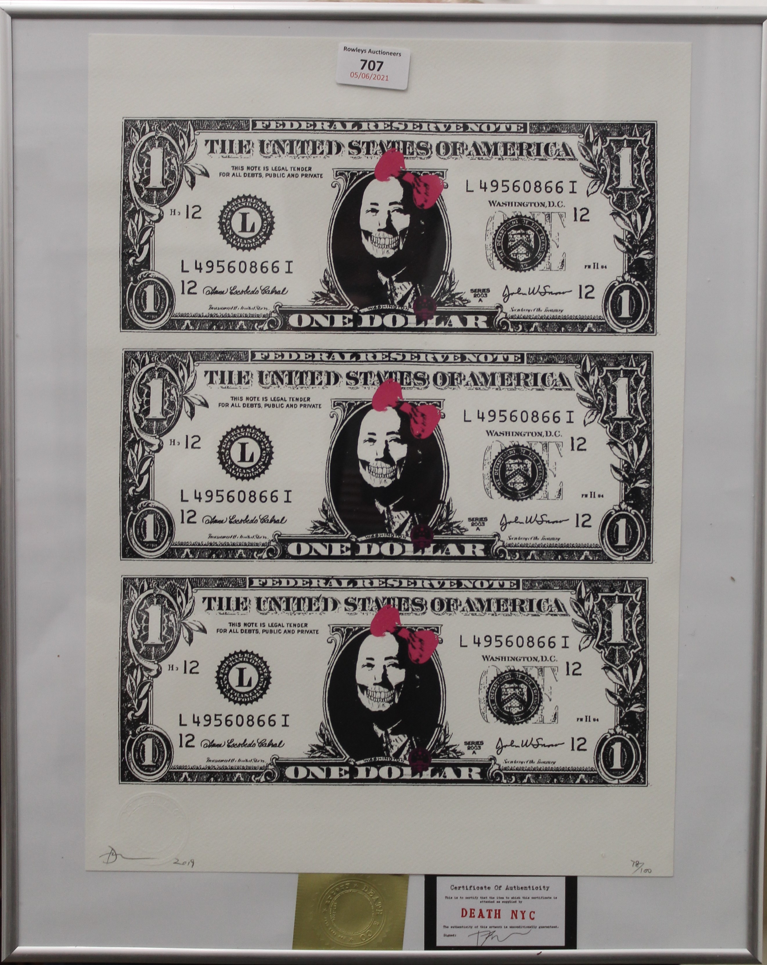 DEATH NYC, Dollars, print, framed and glazed. 32 x 40.5 cm. - Image 2 of 3