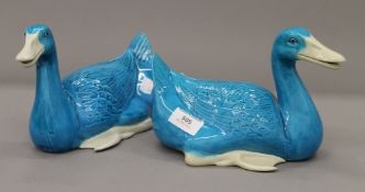 A pair of Chinese porcelain turquoise ducks. Each 24 cm long.