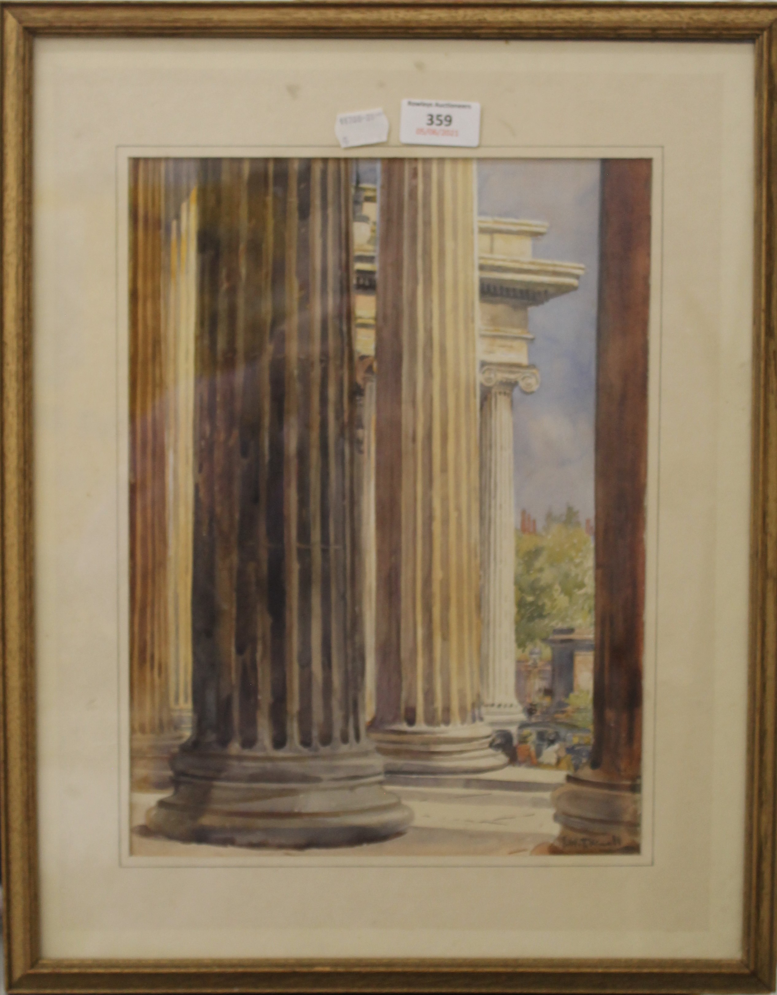 J W T VITALLI, Portico of British Museum, watercolour, signed, framed and glazed. 25 x 34 cm. - Image 2 of 3