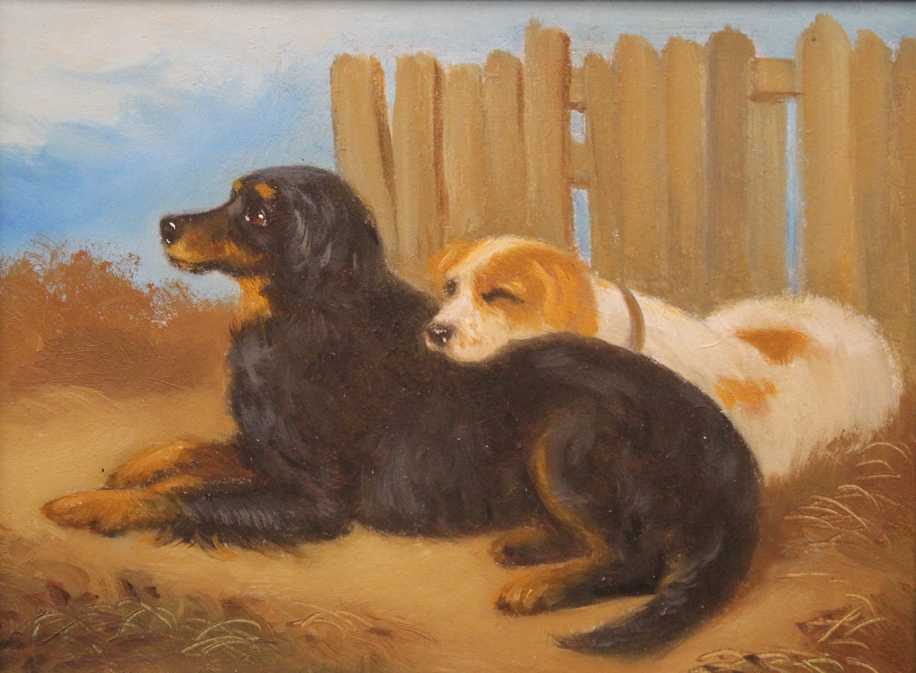 A pair of oils on board, Dogs, framed. One 19.5 x 14.5 cm, the other 14 x 19 cm.