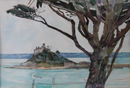 MICHAEL SOFRONIOU, St Michael's Mount, watercolour, framed and glazed. 41 x 27.5 cm.